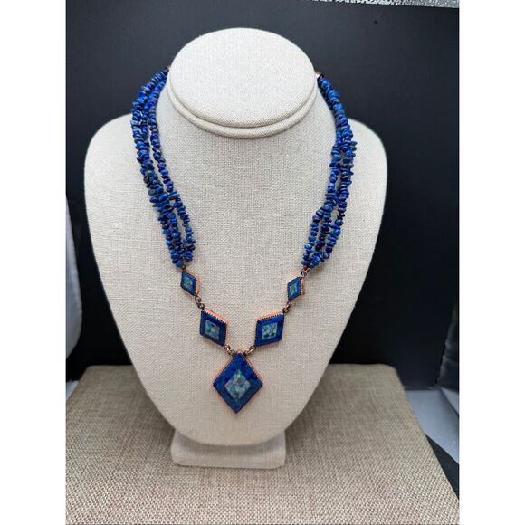 Jay King Desert Rose Trading Copper Lapis Mosaic Necklace Signed Excellent - Picture 1 of 9